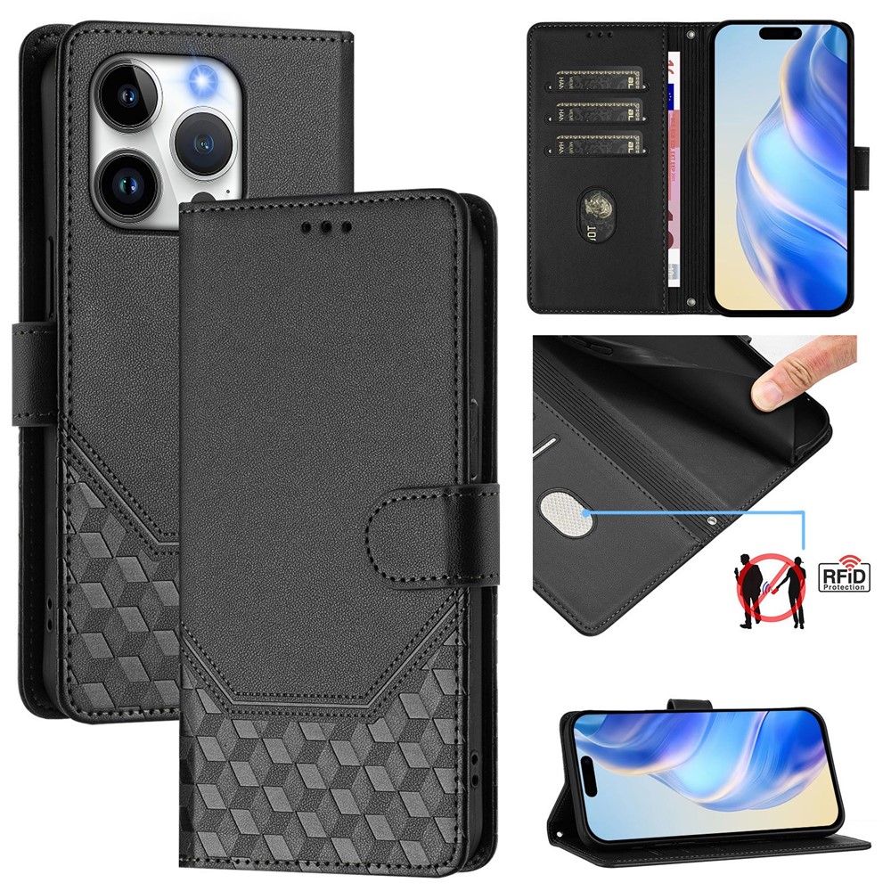 For iPhone 15 Pro Case Imprinted Honeycomb RFID Blocking Leather Phone Cover with Strap - Black