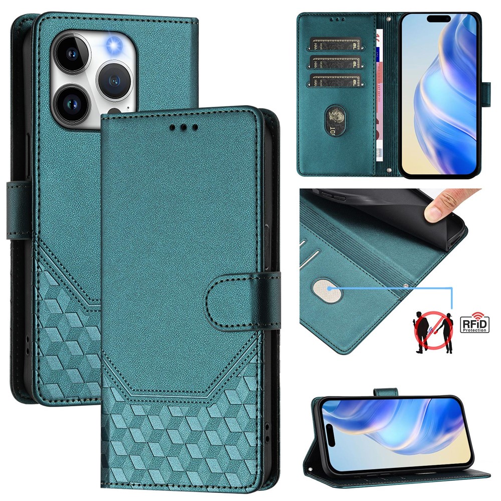 For iPhone 15 Pro Case Imprinted Honeycomb RFID Blocking Leather Phone Cover with Strap - Green