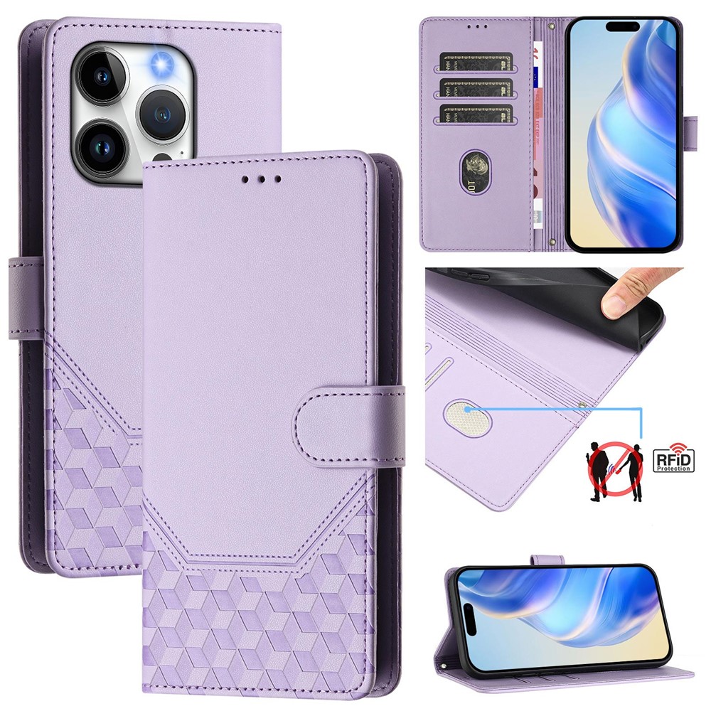 For iPhone 15 Pro Case Imprinted Honeycomb RFID Blocking Leather Phone Cover with Strap - Light Purple