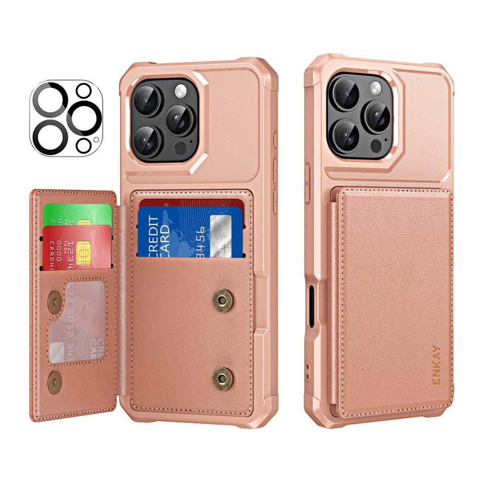 For iPhone 15 Pro Max ENKAY Hat-Prince Wallet Card Slot Kickstand PU Leather +TPU Back Phone Cover with Camera Lens Film - Rose Gold