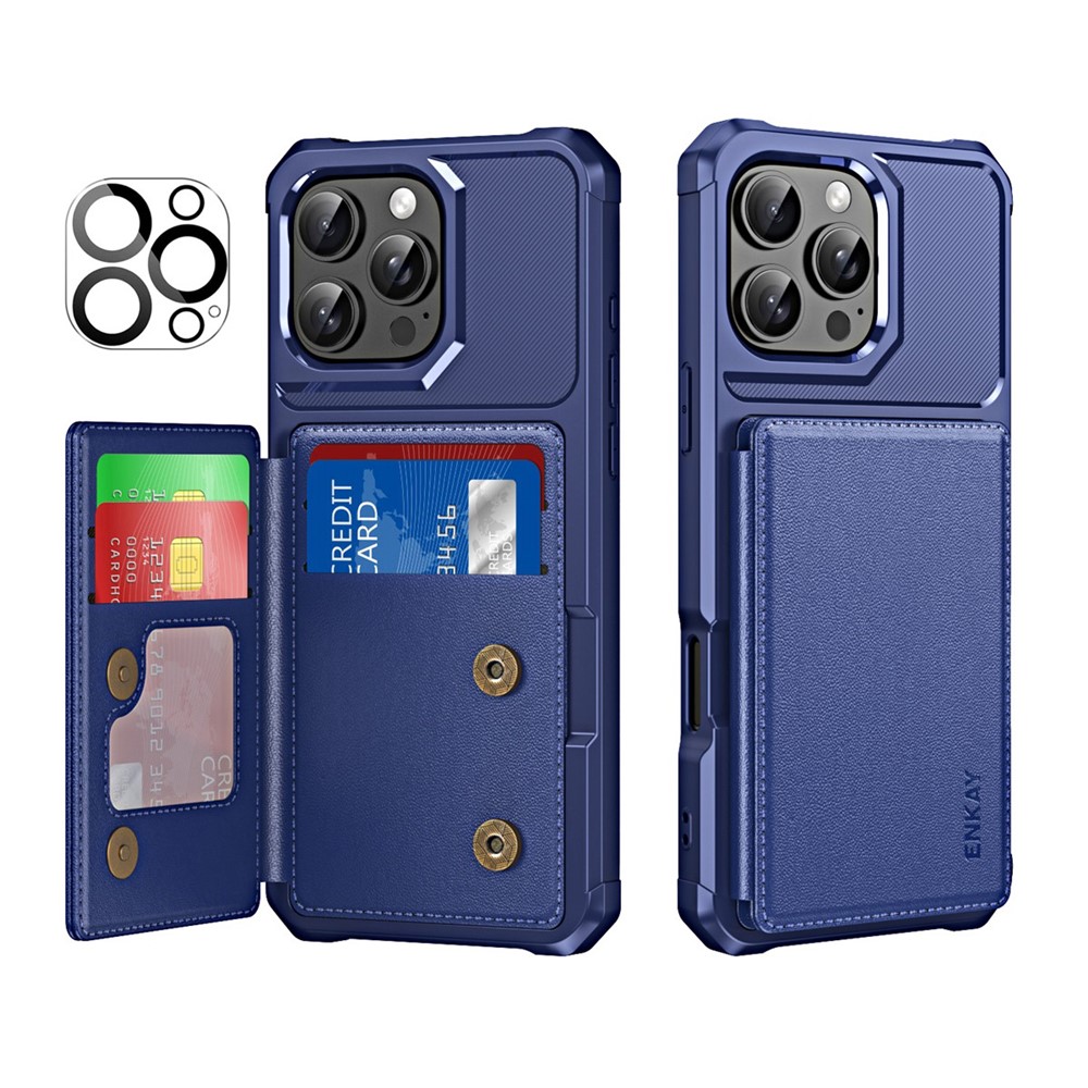 For iPhone 15 Pro Max ENKAY Hat-Prince Wallet Card Slot Kickstand PU Leather +TPU Back Phone Cover with Camera Lens Film - Dark Blue