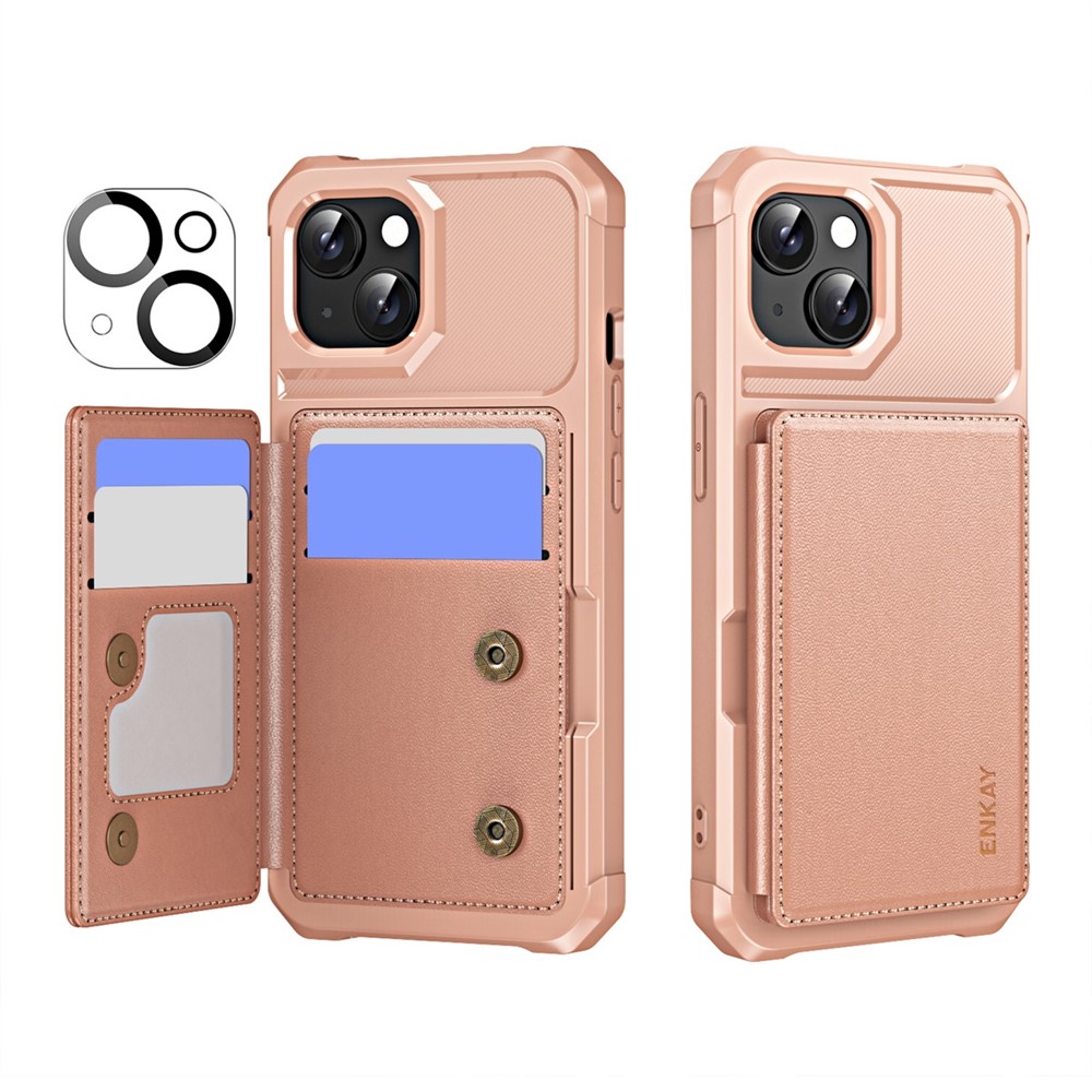 For iPhone 14 Plus ENKAY Hat-Prince Wallet Card Slot Kickstand PU Leather +TPU Back Phone Cover with Camera Lens Film - Rose Gold