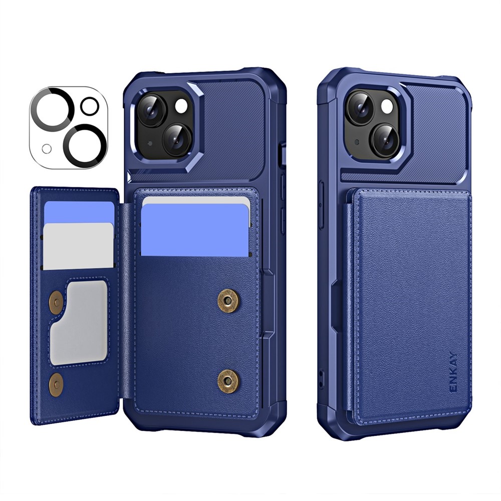 For iPhone 14 Plus ENKAY Hat-Prince Wallet Card Slot Kickstand PU Leather +TPU Back Phone Cover with Camera Lens Film - Dark Blue