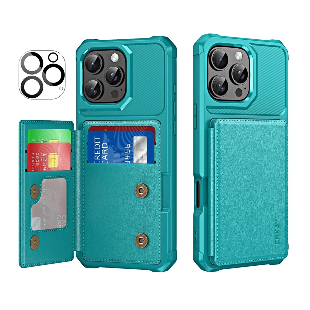 For iPhone 16 Pro Max ENKAY Hat-Prince Wallet Card Slot Kickstand PU Leather +TPU Back Phone Cover with Camera Lens Film - Cyan