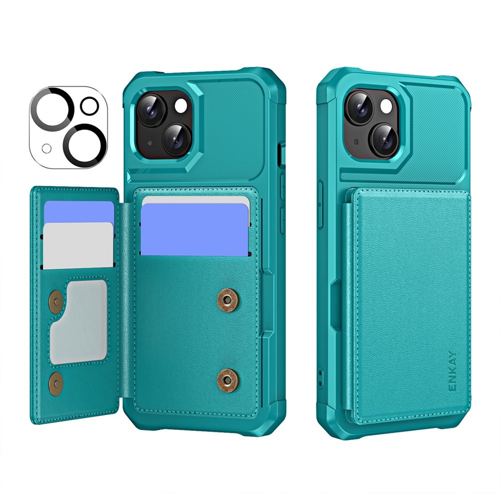 For iPhone 15 Plus ENKAY Hat-Prince Wallet Card Slot Kickstand PU Leather +TPU Back Phone Cover with Camera Lens Film - Cyan