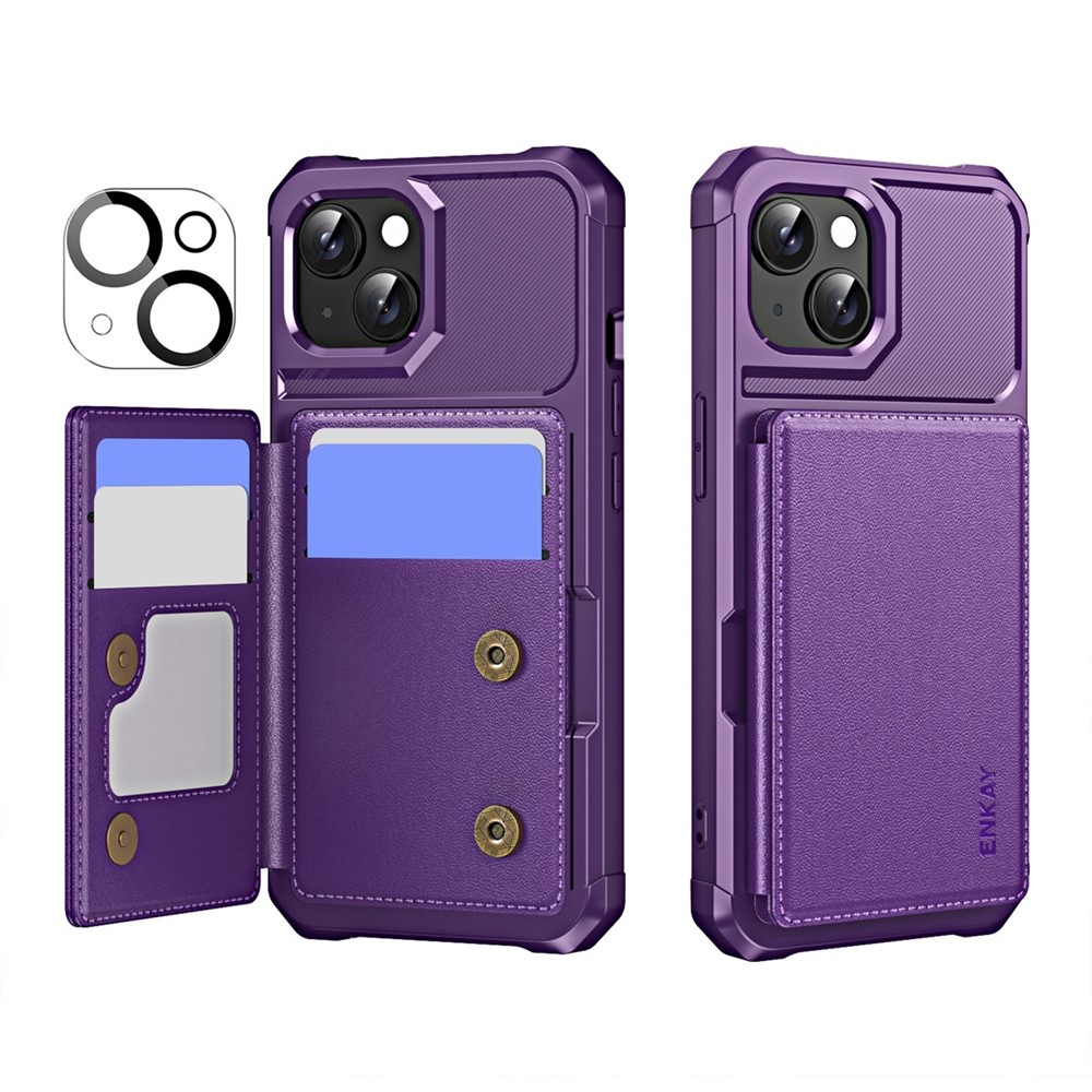 For iPhone 15 Plus ENKAY Hat-Prince Wallet Card Slot Kickstand PU Leather +TPU Back Phone Cover with Camera Lens Film - Purple