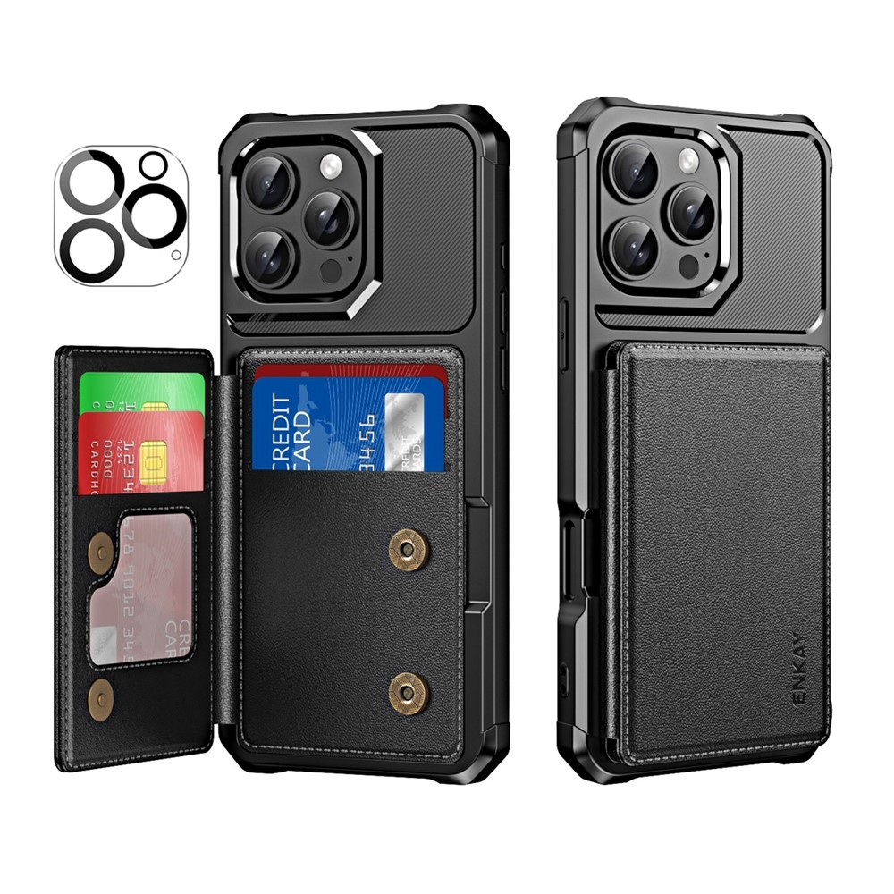 For iPhone 16 Pro ENKAY Hat-Prince Wallet Card Slot Kickstand PU Leather +TPU Back Phone Cover with Camera Lens Film - Black
