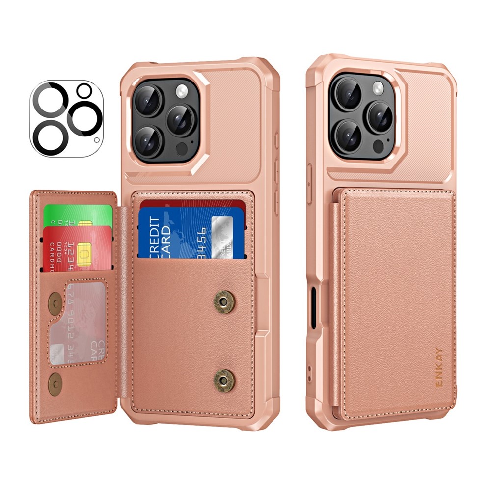 For iPhone 16 Pro ENKAY Hat-Prince Wallet Card Slot Kickstand PU Leather +TPU Back Phone Cover with Camera Lens Film - Rose Gold