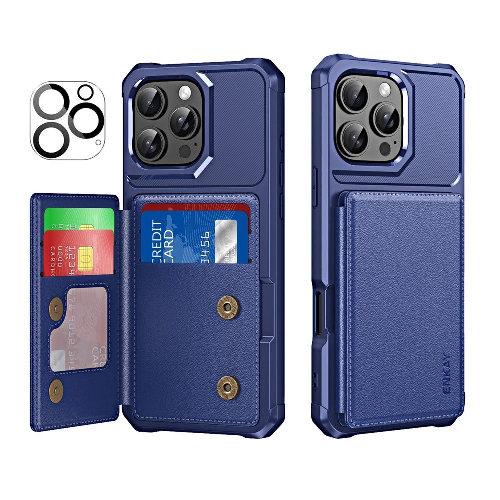 For iPhone 16 Pro ENKAY Hat-Prince Wallet Card Slot Kickstand PU Leather +TPU Back Phone Cover with Camera Lens Film - Dark Blue