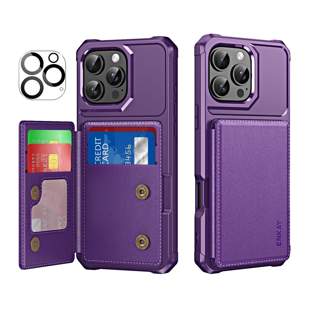 For iPhone 16 Pro ENKAY Hat-Prince Wallet Card Slot Kickstand PU Leather +TPU Back Phone Cover with Camera Lens Film - Purple