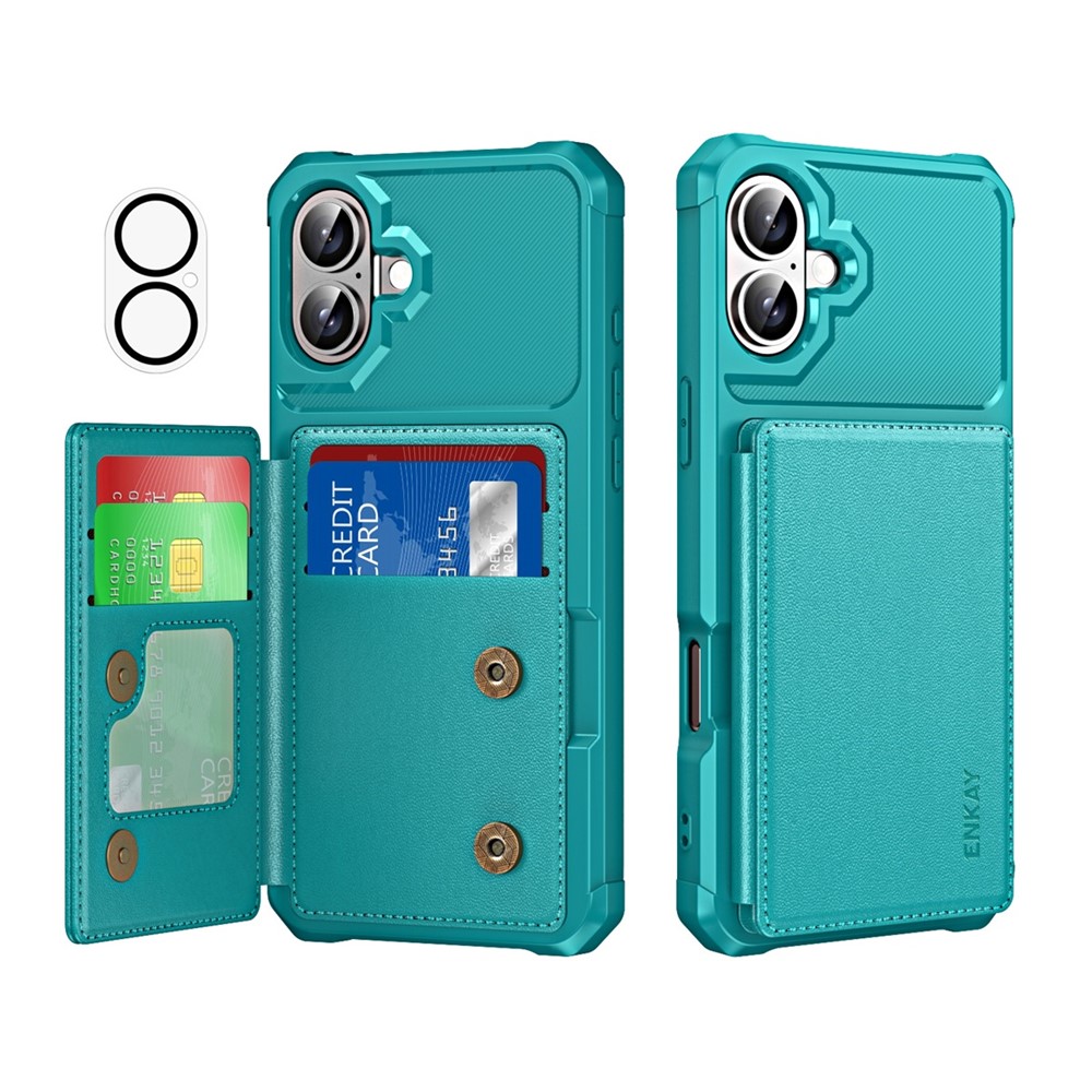 For iPhone 16 Plus ENKAY Hat-Prince Wallet Card Slot Kickstand PU Leather +TPU Back Phone Cover with Camera Lens Film - Cyan