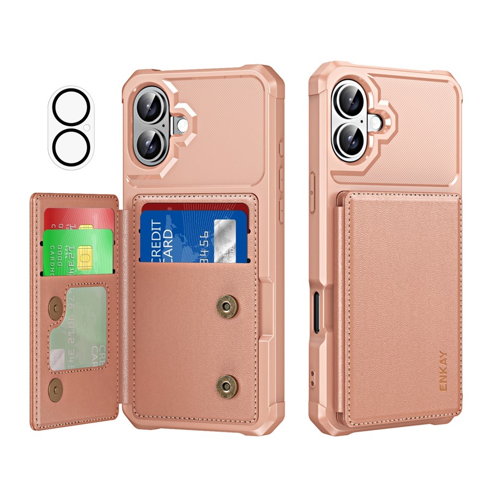 For iPhone 16 ENKAY Hat-Prince Wallet Card Slot Kickstand PU Leather +TPU Back Phone Cover with Camera Lens Film - Rose Gold
