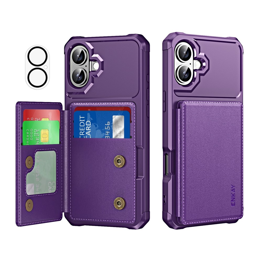 For iPhone 16 ENKAY Hat-Prince Wallet Card Slot Kickstand PU Leather +TPU Back Phone Cover with Camera Lens Film - Purple