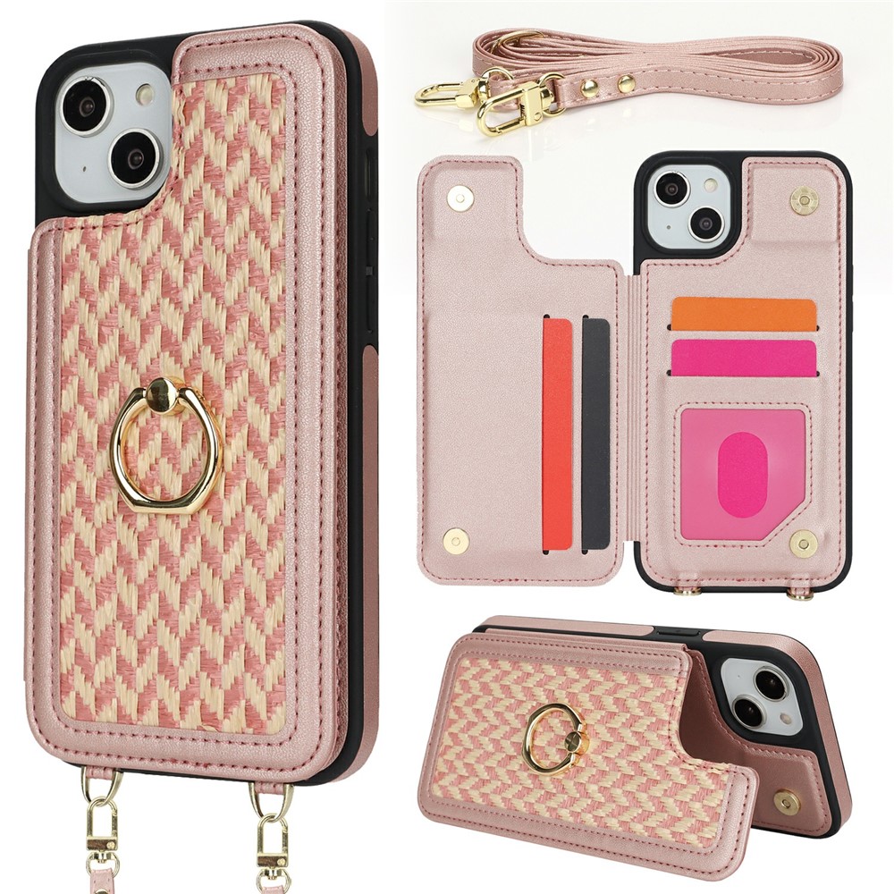 For iPhone 14 Plus  /  15 Plus Case with Card Holder, Kickstand, RFID Blocking PU+TPU Phone Back Cover - Pink