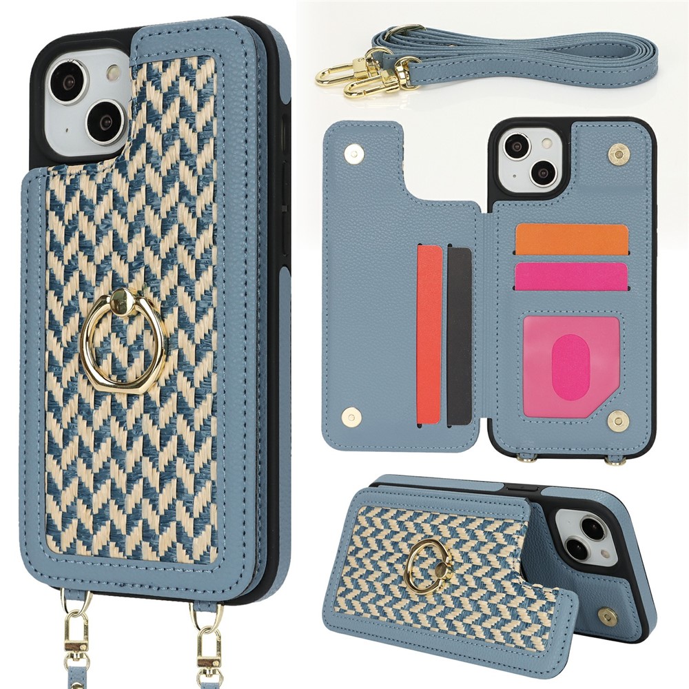 For iPhone 15 Case with Card Holder, Kickstand, RFID Blocking PU+TPU Phone Back Cover - Blue