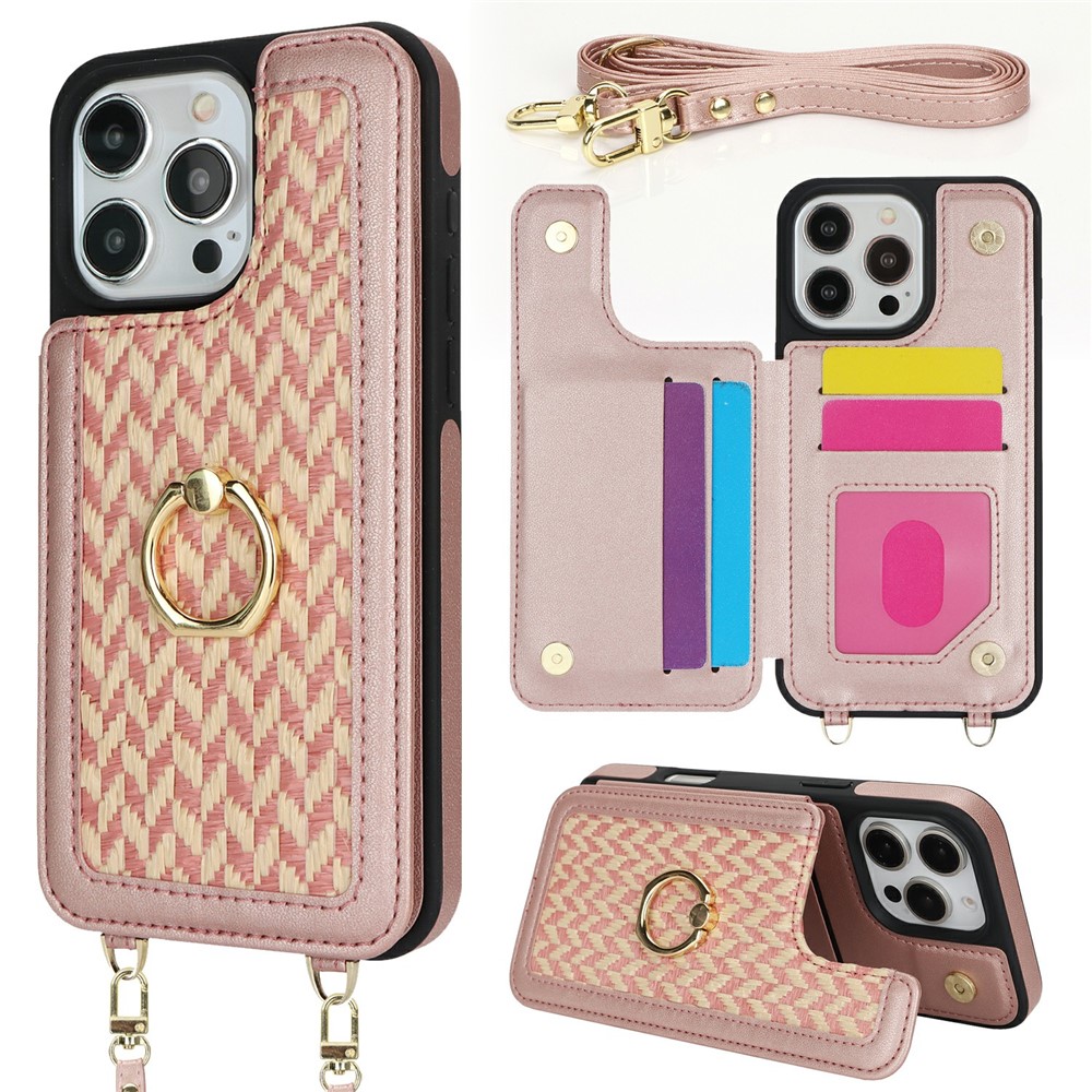 For iPhone 14 Pro Max Case with Card Holder, Kickstand, RFID Blocking PU+TPU Phone Back Cover - Pink