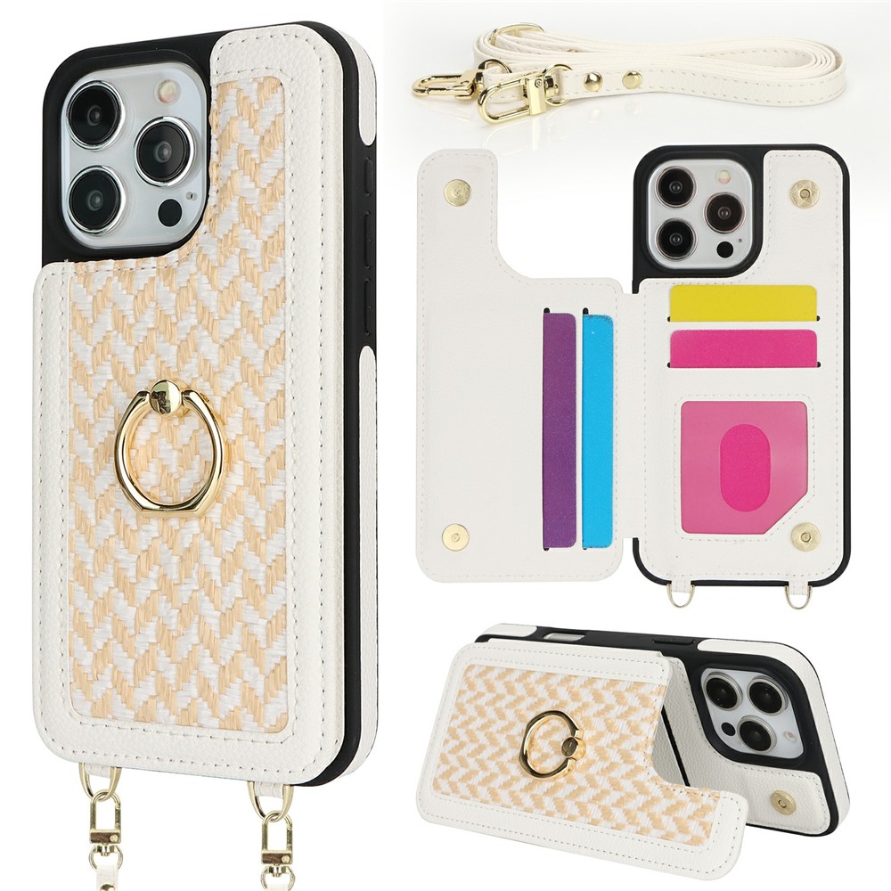 For iPhone 14 Pro Case with Card Holder, Kickstand, RFID Blocking PU+TPU Phone Back Cover - White