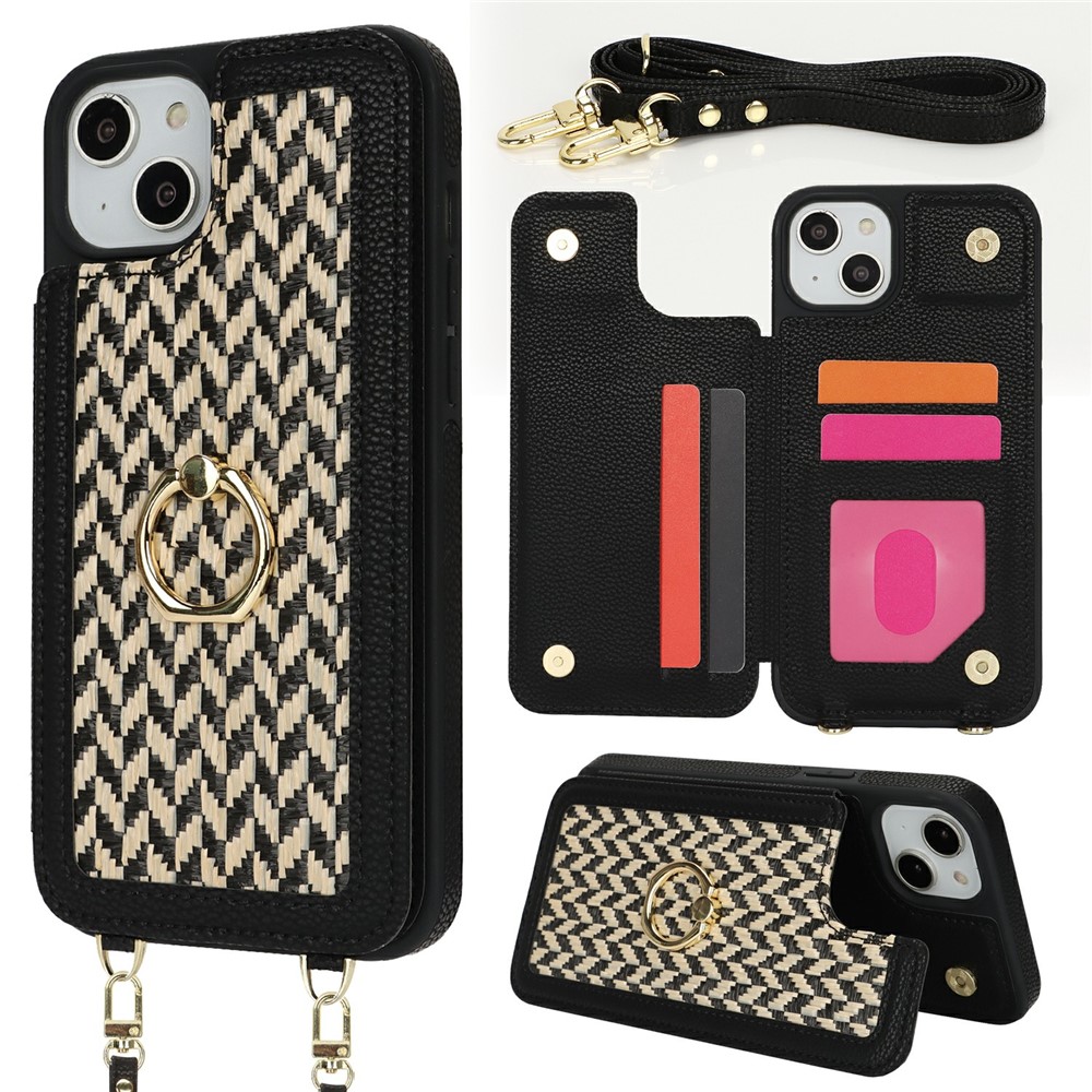 For iPhone 14  /  13 Case with Card Holder, Kickstand, RFID Blocking PU+TPU Phone Back Cover - Black