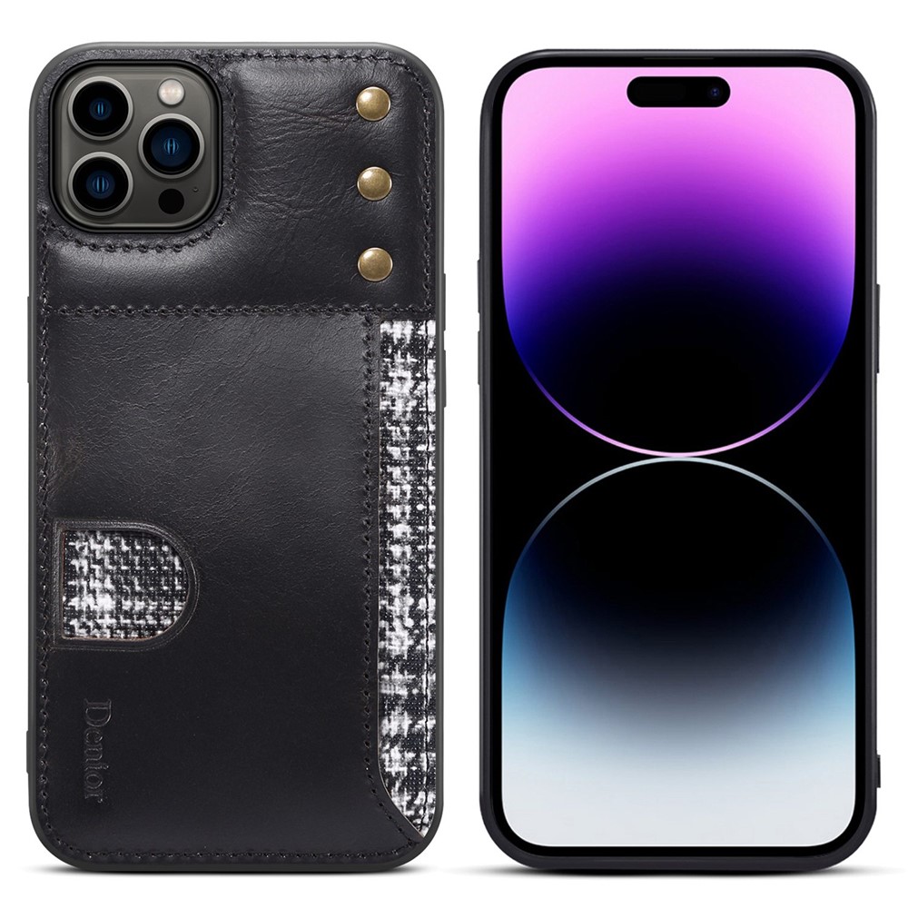DENIOR Shockproof Case for iPhone 14 Pro Max Waxy Genuine Leather Soft TPU Case Anti-Scratch Phone Cover with Card Holder - Black-1