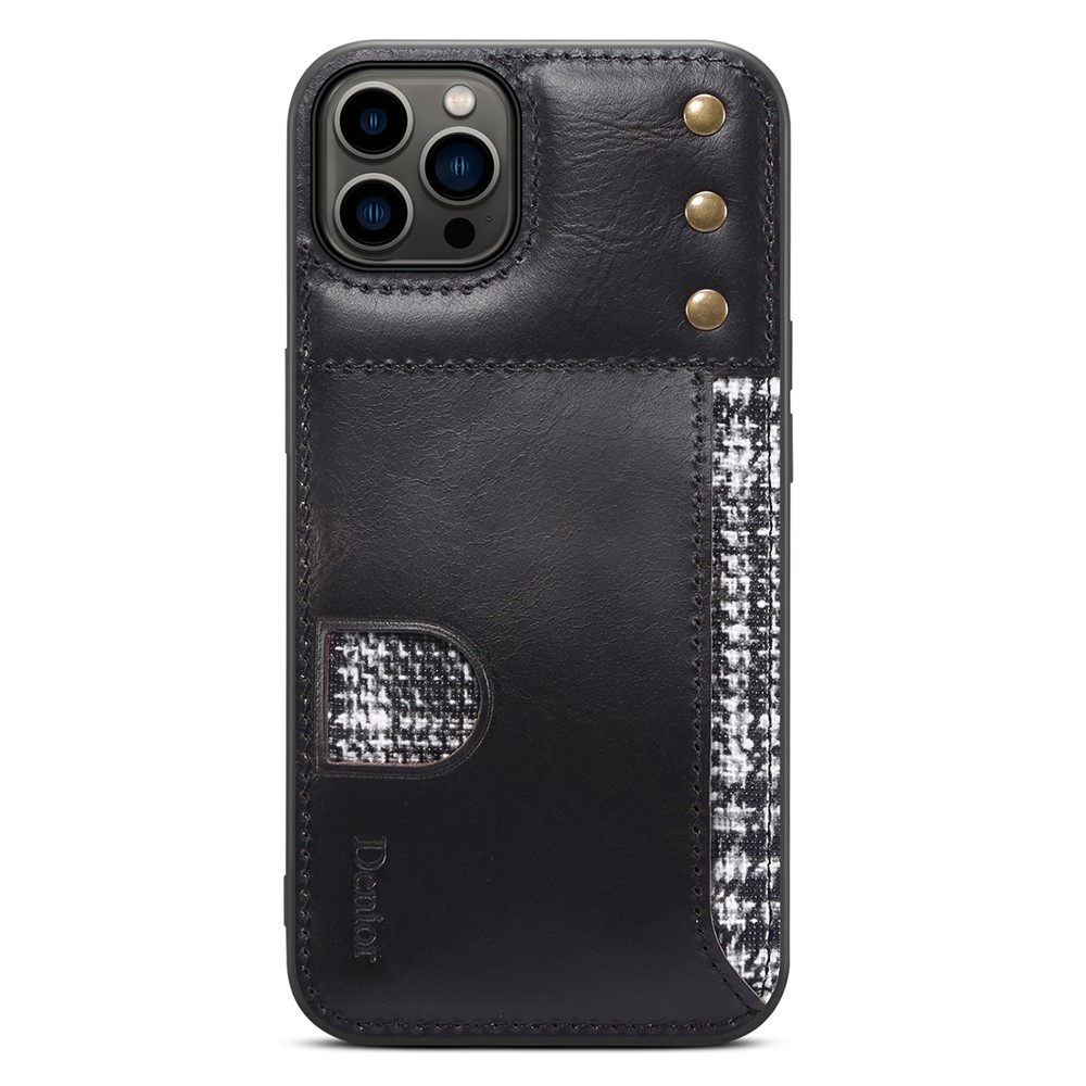 DENIOR Shockproof Case for iPhone 14 Pro Max Waxy Genuine Leather Soft TPU Case Anti-Scratch Phone Cover with Card Holder - Black-2