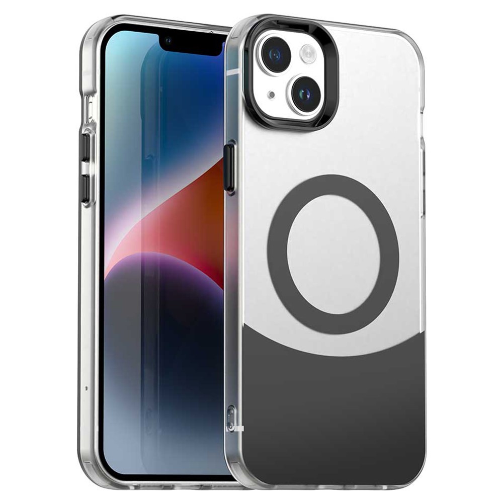 For iPhone 15 Plus / 14 Plus Case Compatible with MagSafe Color Splicing IMD TPU+PET+PC Mobile Cover - Black