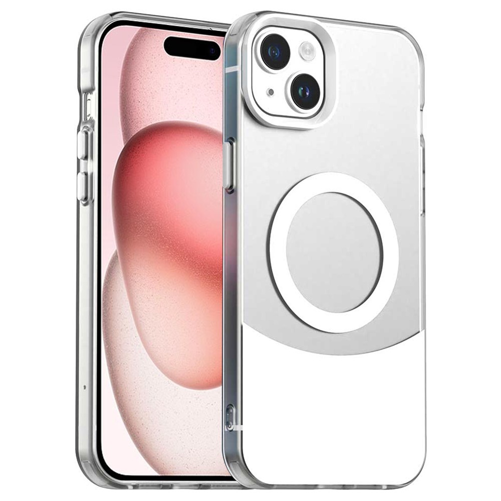 For iPhone 15 Case Compatible with MagSafe Color Splicing IMD TPU+PET+PC Mobile Cover - White