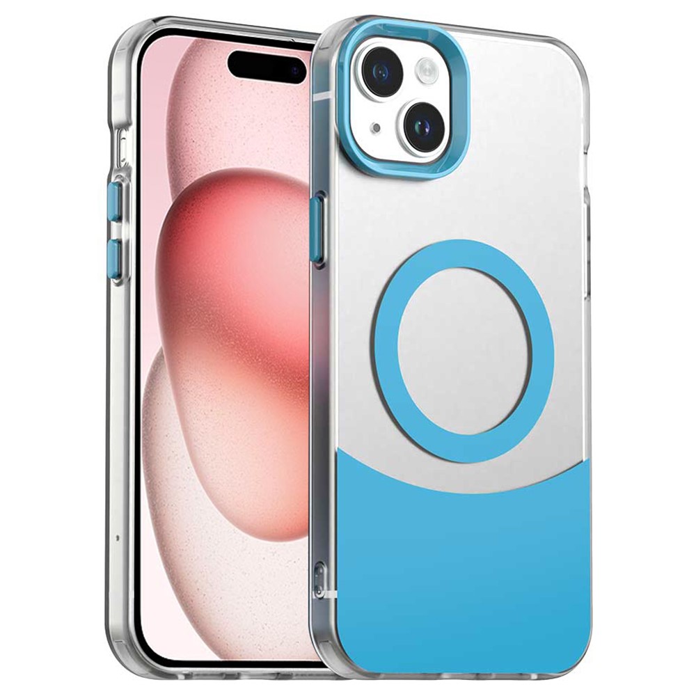 For iPhone 15 Case Compatible with MagSafe Color Splicing IMD TPU+PET+PC Mobile Cover - Blue