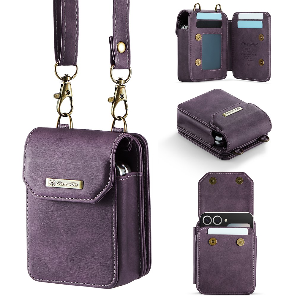 CASEME For Samsung Galaxy Z Flip7 FE 5G / Z Flip7 5G / Z Flip6 5G / Z Flip5 5G Phone Pouch with Strap RFID Blocking Leather Wallet Phone Case - Dark Purple