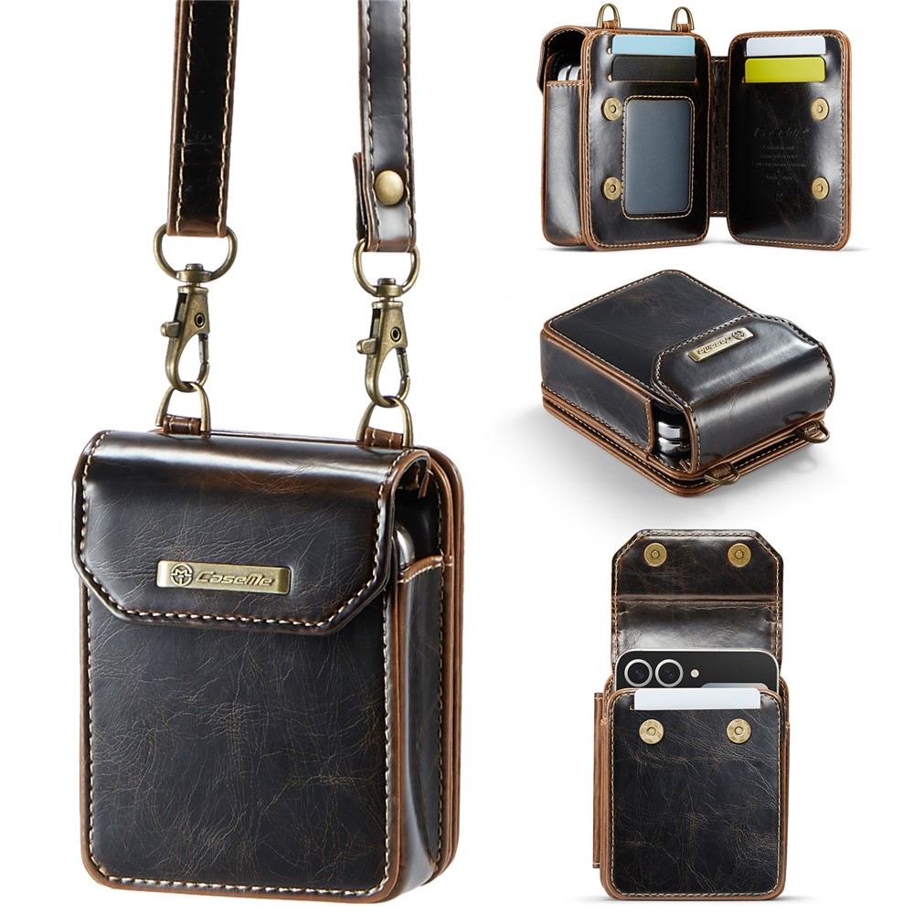 CASEME For Samsung Galaxy Z Flip7 FE 5G / Z Flip7 5G / Z Flip6 5G / Z Flip5 5G Phone Pouch with Strap RFID Blocking Leather Wallet Phone Case - Coffee