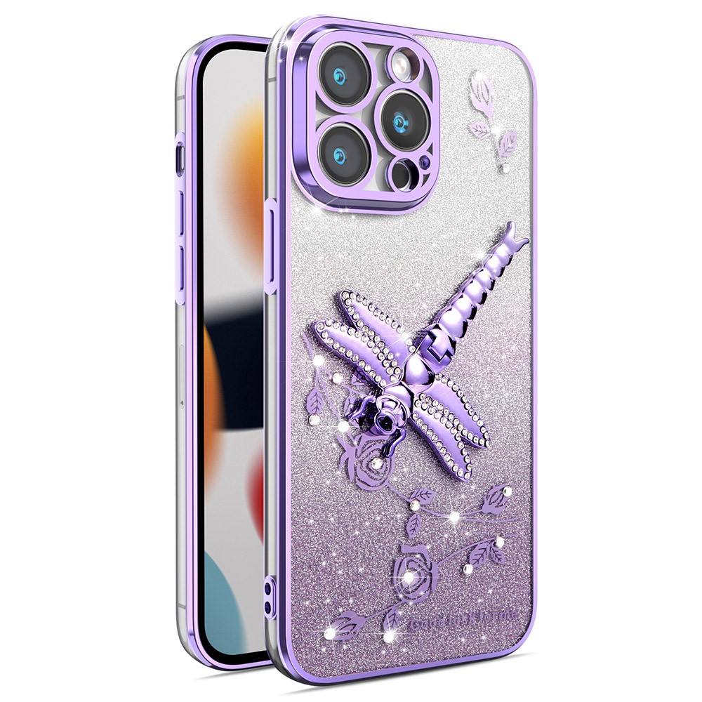 KADEM For iPhone 14 Pro Case Dragonfly Kickstand TPU Flowers Glitter Phone Cover - Purple