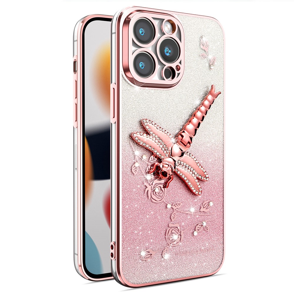 KADEM For iPhone 13 Pro Case Dragonfly Kickstand TPU Flowers Glitter Phone Cover - Pink