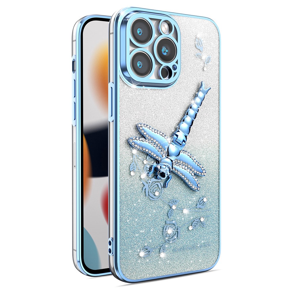 KADEM For iPhone 13 Pro Case Dragonfly Kickstand TPU Flowers Glitter Phone Cover - Blue