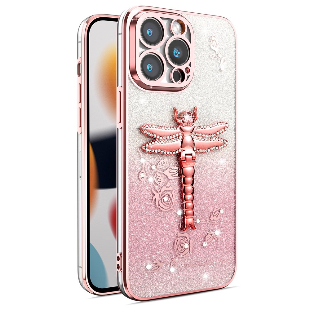 KADEM For iPhone 13 Pro Max Case Dragonfly Kickstand TPU Flowers Glitter Phone Cover - Pink