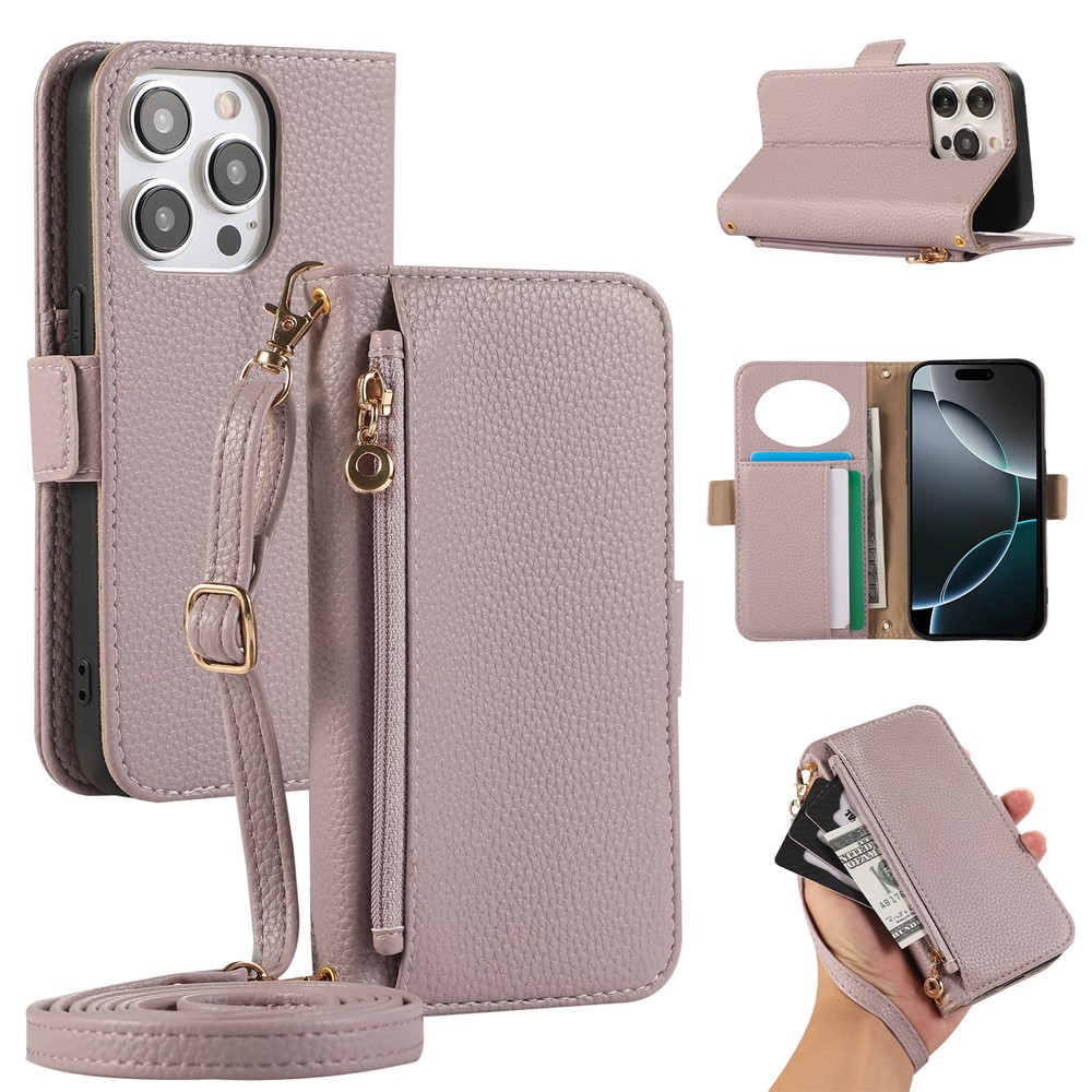 For iPhone 14 Pro Max Wallet Phone Case Shockproof TPU+PU Leather Flip Cover with Mirror, Strap - Purple