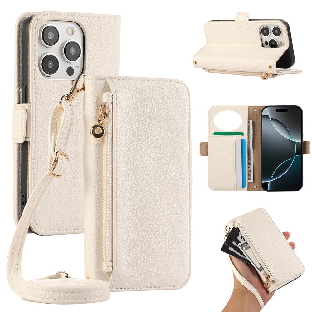 For iPhone 14 Pro Max Wallet Phone Case Shockproof TPU+PU Leather Flip Cover with Mirror, Strap - White