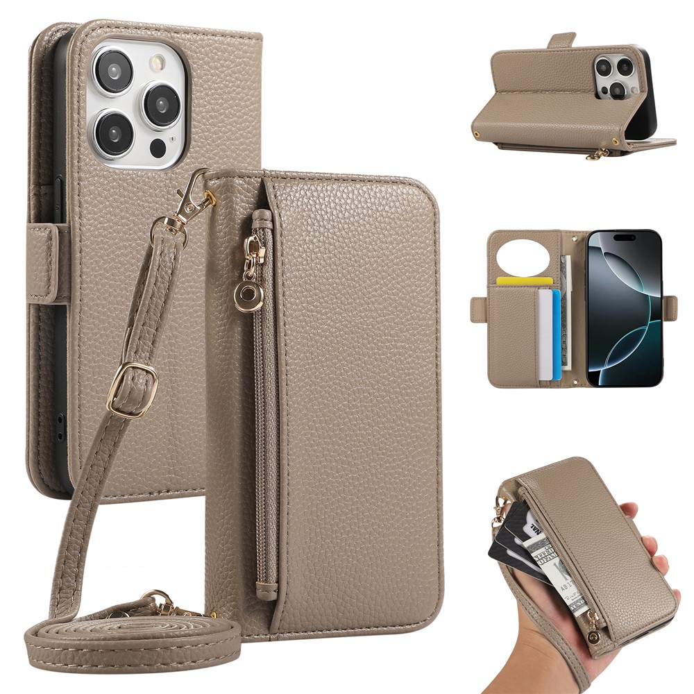 For iPhone 14 Pro Wallet Phone Case Shockproof TPU+PU Leather Flip Cover with Mirror, Strap - Khaki