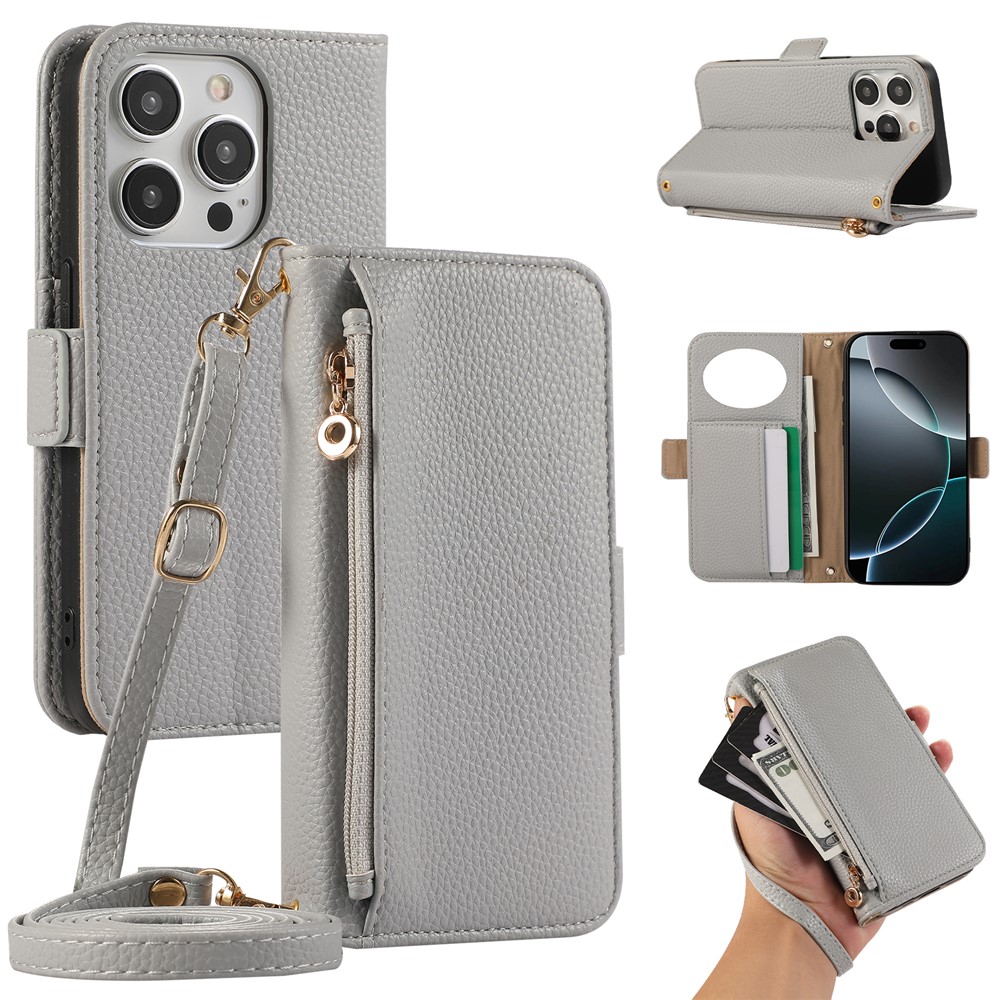 For iPhone 14 Pro Wallet Phone Case Shockproof TPU+PU Leather Flip Cover with Mirror, Strap - Grey Blue