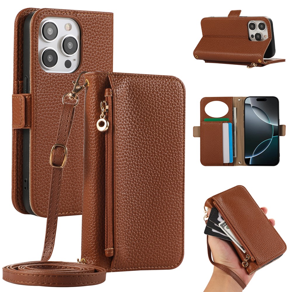 For iPhone 14 Pro Wallet Phone Case Shockproof TPU+PU Leather Flip Cover with Mirror, Strap - Brown