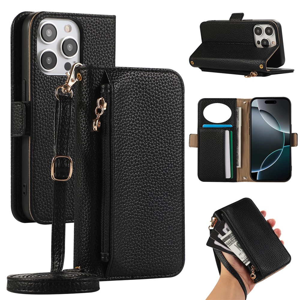 For iPhone 14 Pro Wallet Phone Case Shockproof TPU+PU Leather Flip Cover with Mirror, Strap - Black