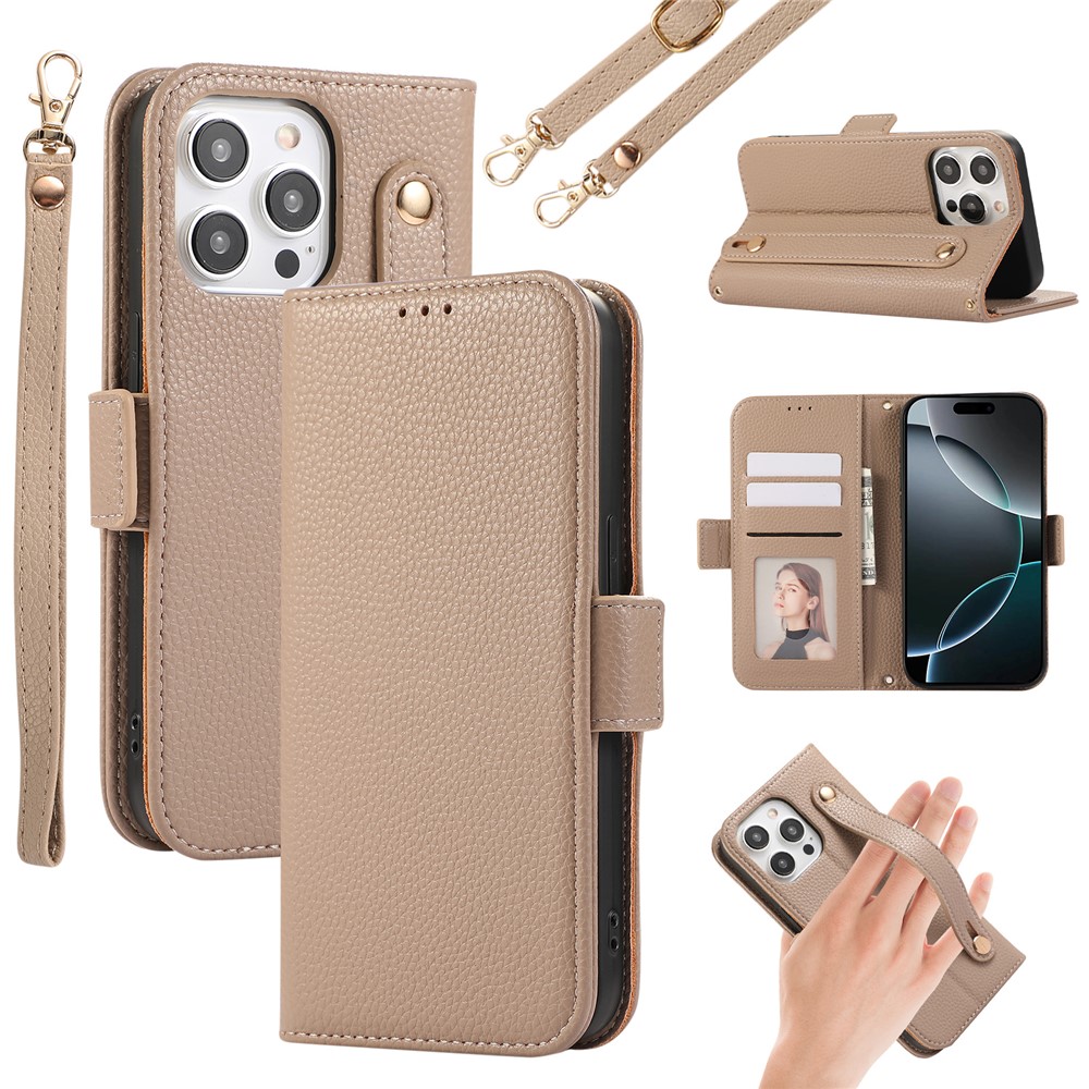 For iPhone 14 Pro Leather Case with Card Holder, Straps, Shockproof Wallet Phone Cover - Khaki