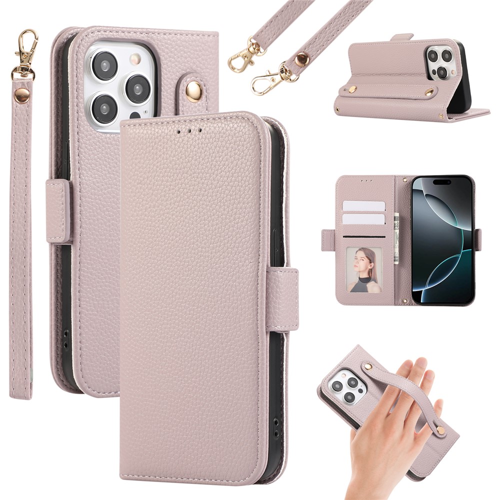 For iPhone 14 Pro Leather Case with Card Holder, Straps, Shockproof Wallet Phone Cover - Purple