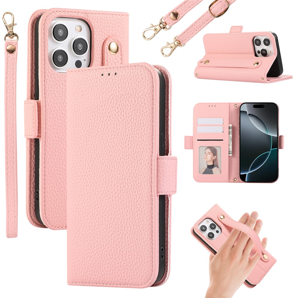 For iPhone 14 Pro Leather Case with Card Holder, Straps, Shockproof Wallet Phone Cover - Pink