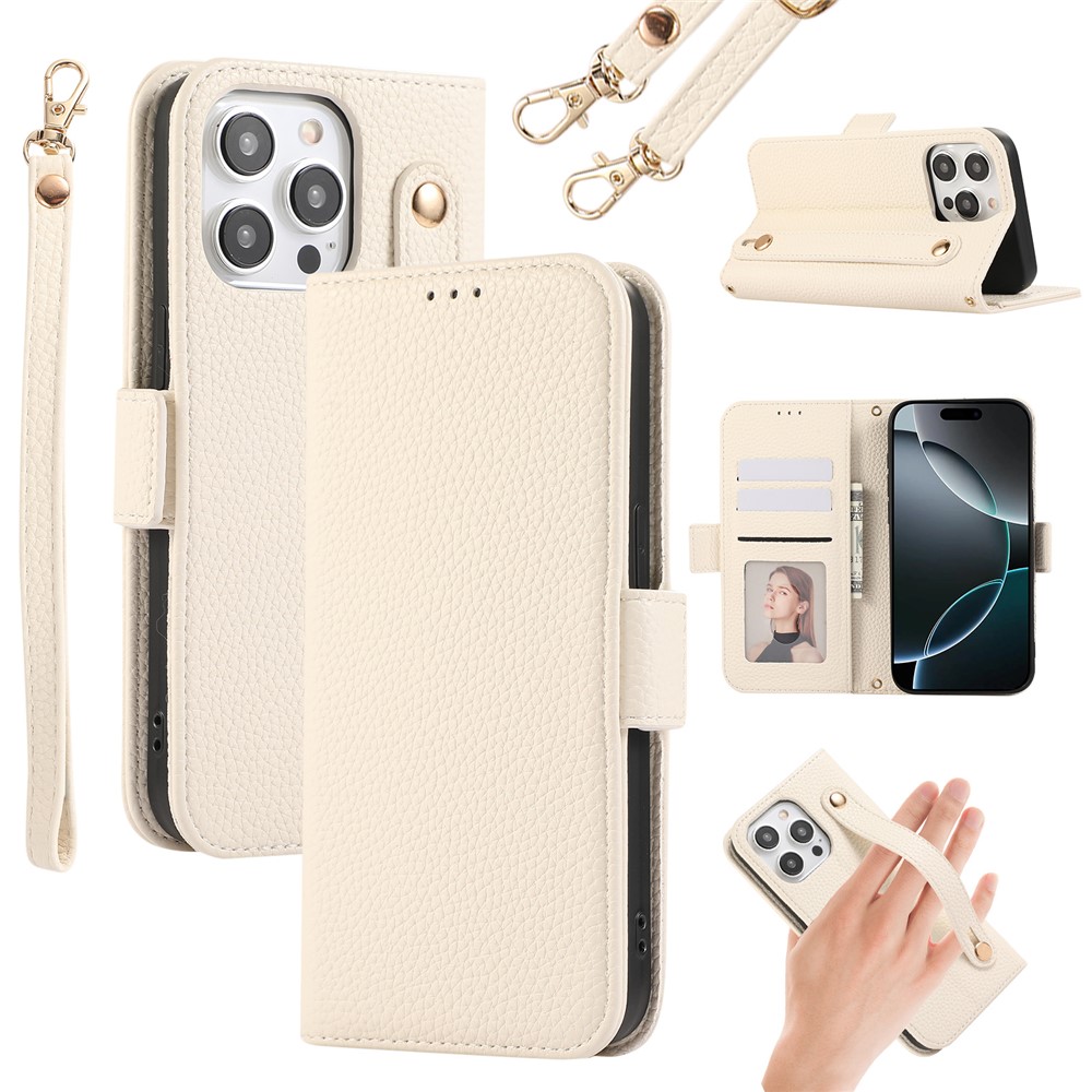 For iPhone 14 Pro Leather Case with Card Holder, Straps, Shockproof Wallet Phone Cover - Beige