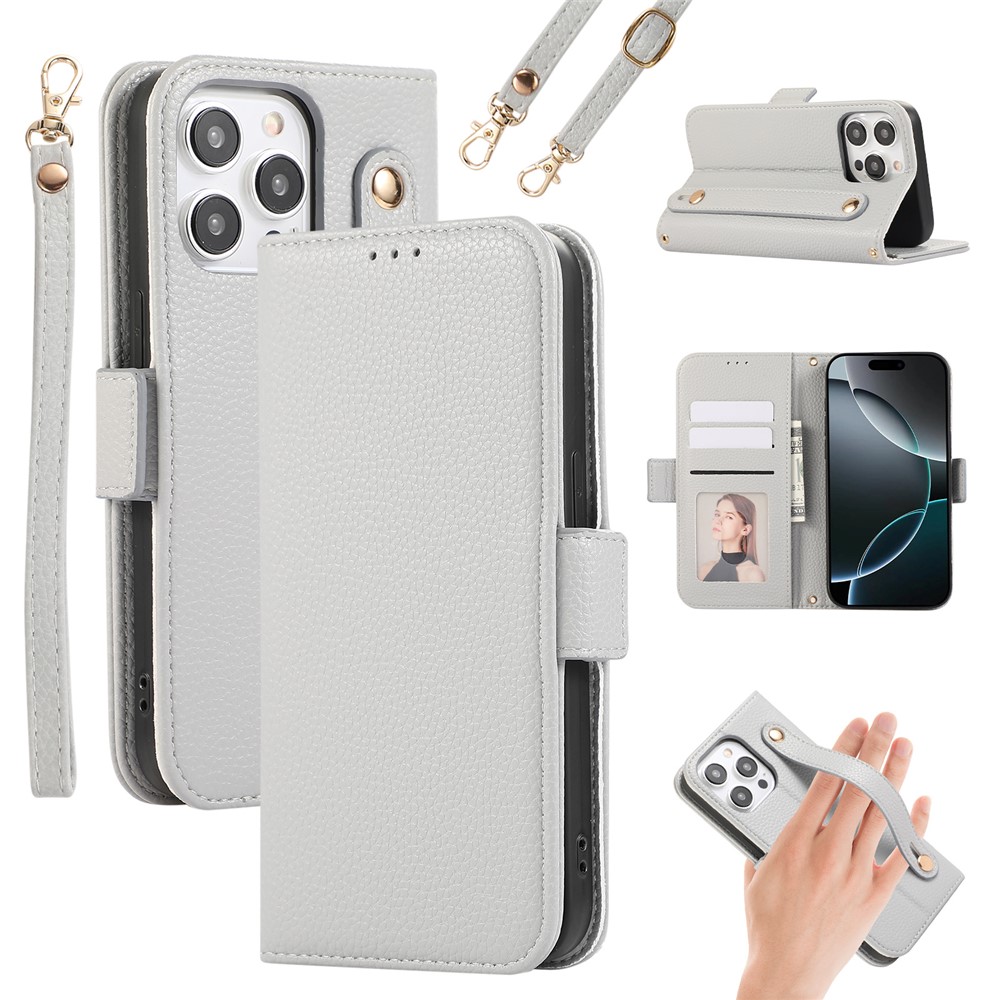 For iPhone 14 Pro Max Leather Case with Card Holder, Straps, Shockproof Wallet Phone Cover - Grey Blue