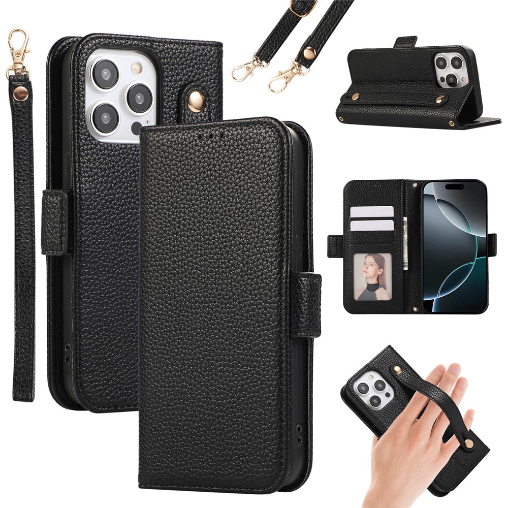 For iPhone 14 Pro Max Leather Case with Card Holder, Straps, Shockproof Wallet Phone Cover - Black