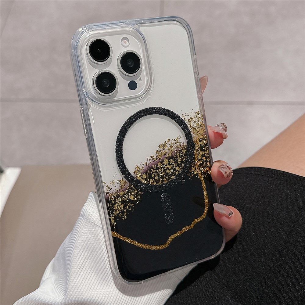 For iPhone 14 Pro Max Case Compatible with MagSafe Epoxy Marble Texture PC+TPU Phone Cover - Black