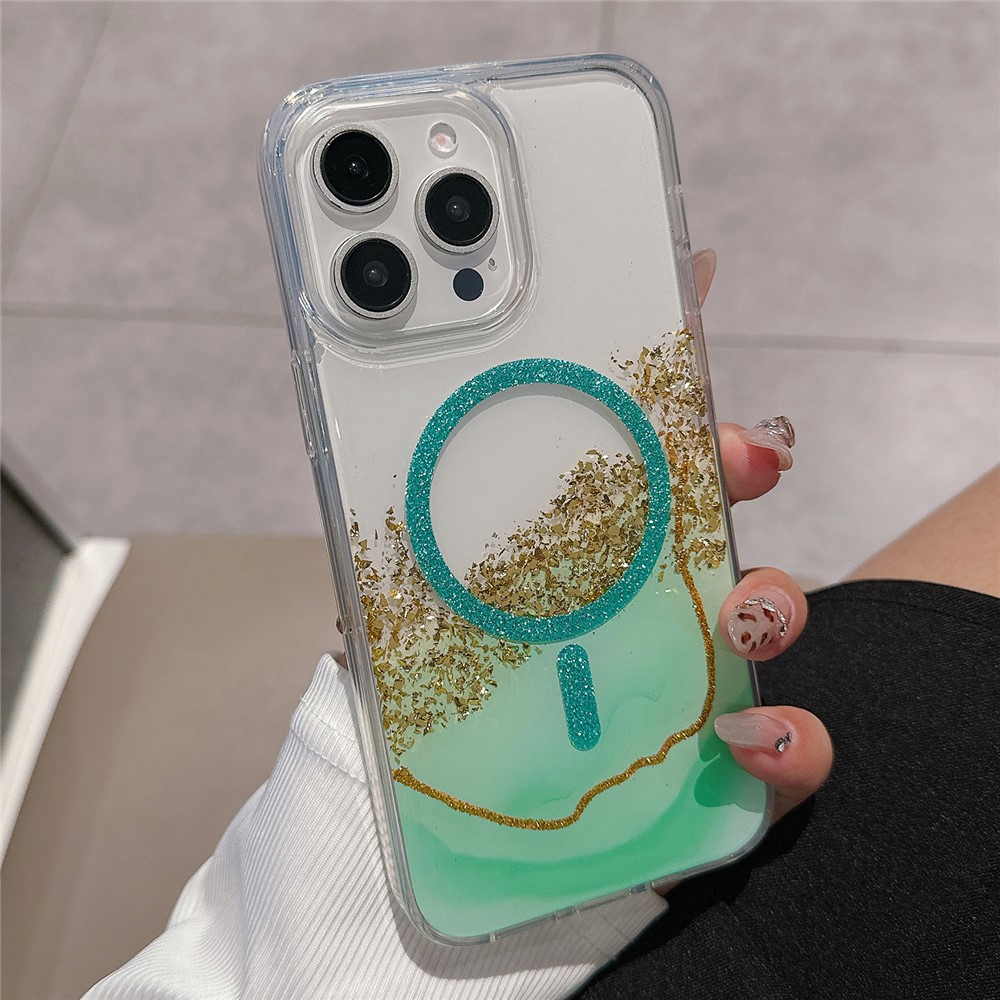 For iPhone 14 Pro Case Compatible with MagSafe Epoxy Marble Texture PC+TPU Phone Cover - Green