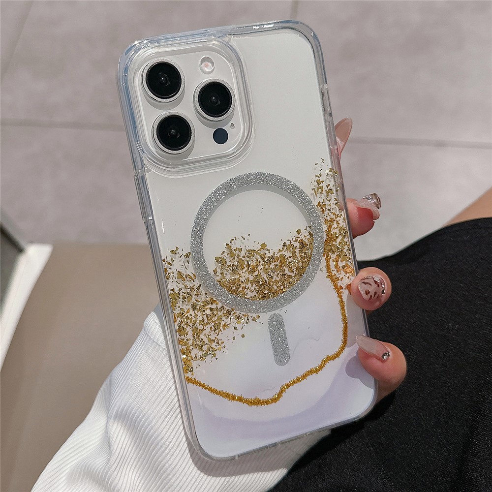 For iPhone 14 Pro Case Compatible with MagSafe Epoxy Marble Texture PC+TPU Phone Cover - Silver