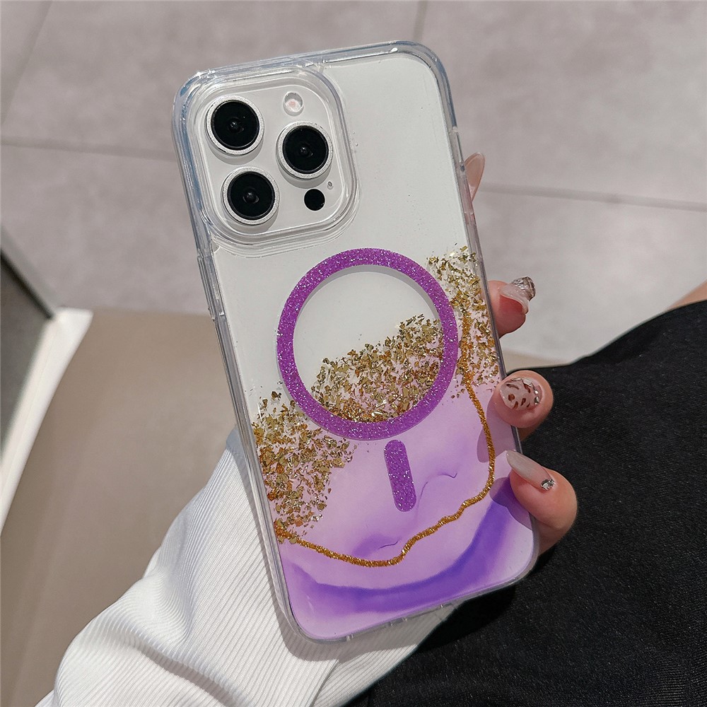 For iPhone 14 Pro Case Compatible with MagSafe Epoxy Marble Texture PC+TPU Phone Cover - Purple