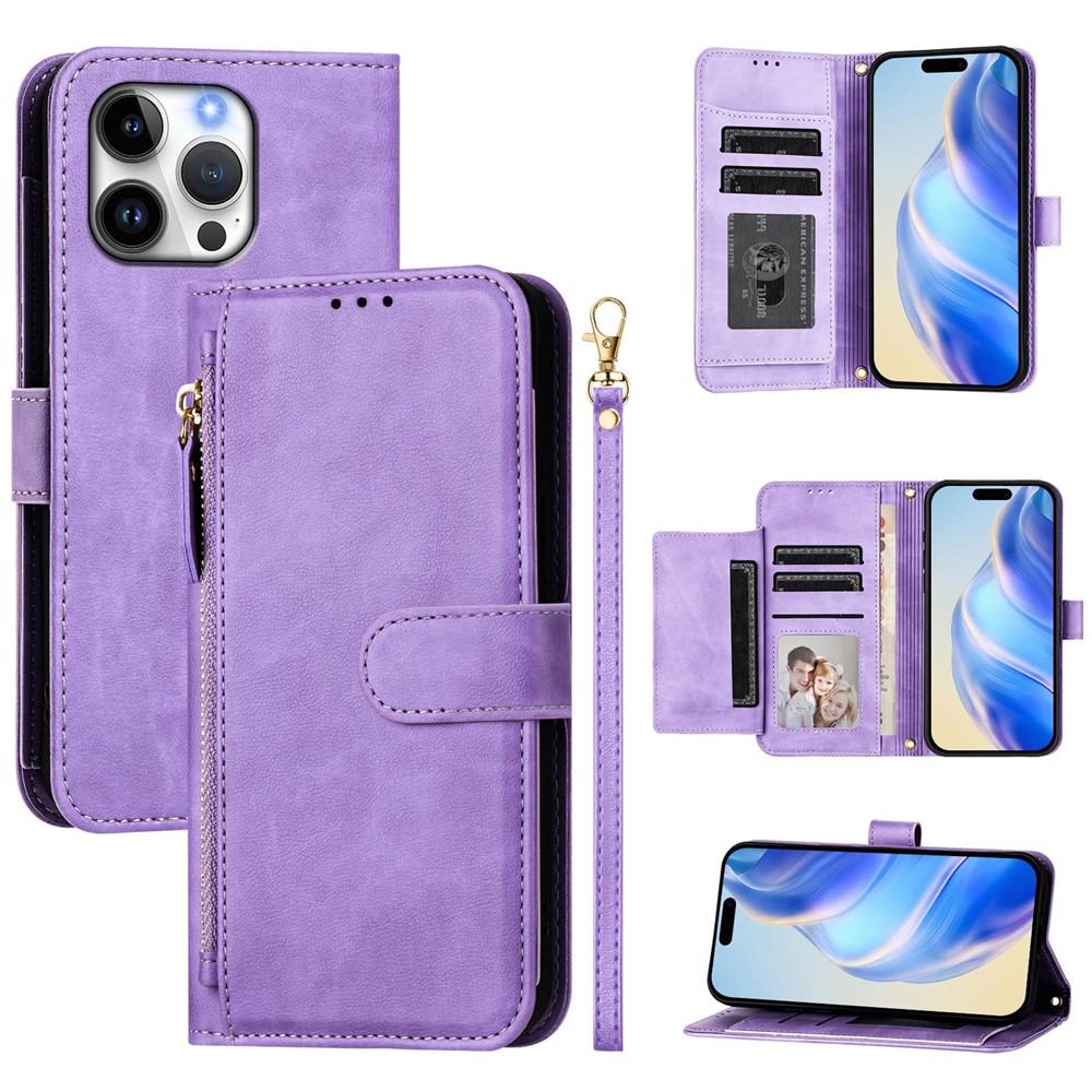For iPhone 16 Pro Max Case Zipper Pocket Multiple Card Slots Leather Phone Cover - Purple